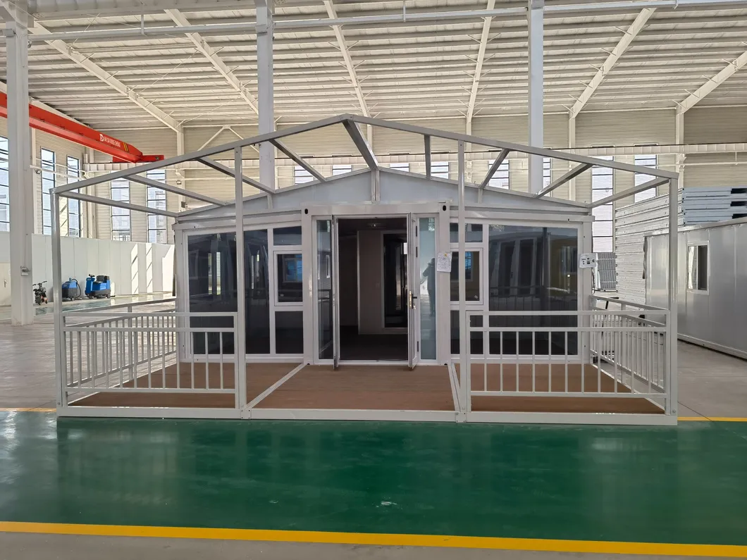 Casa contenedor plegable móvil expandible con orientación técnica en línea de vidrio templado doble